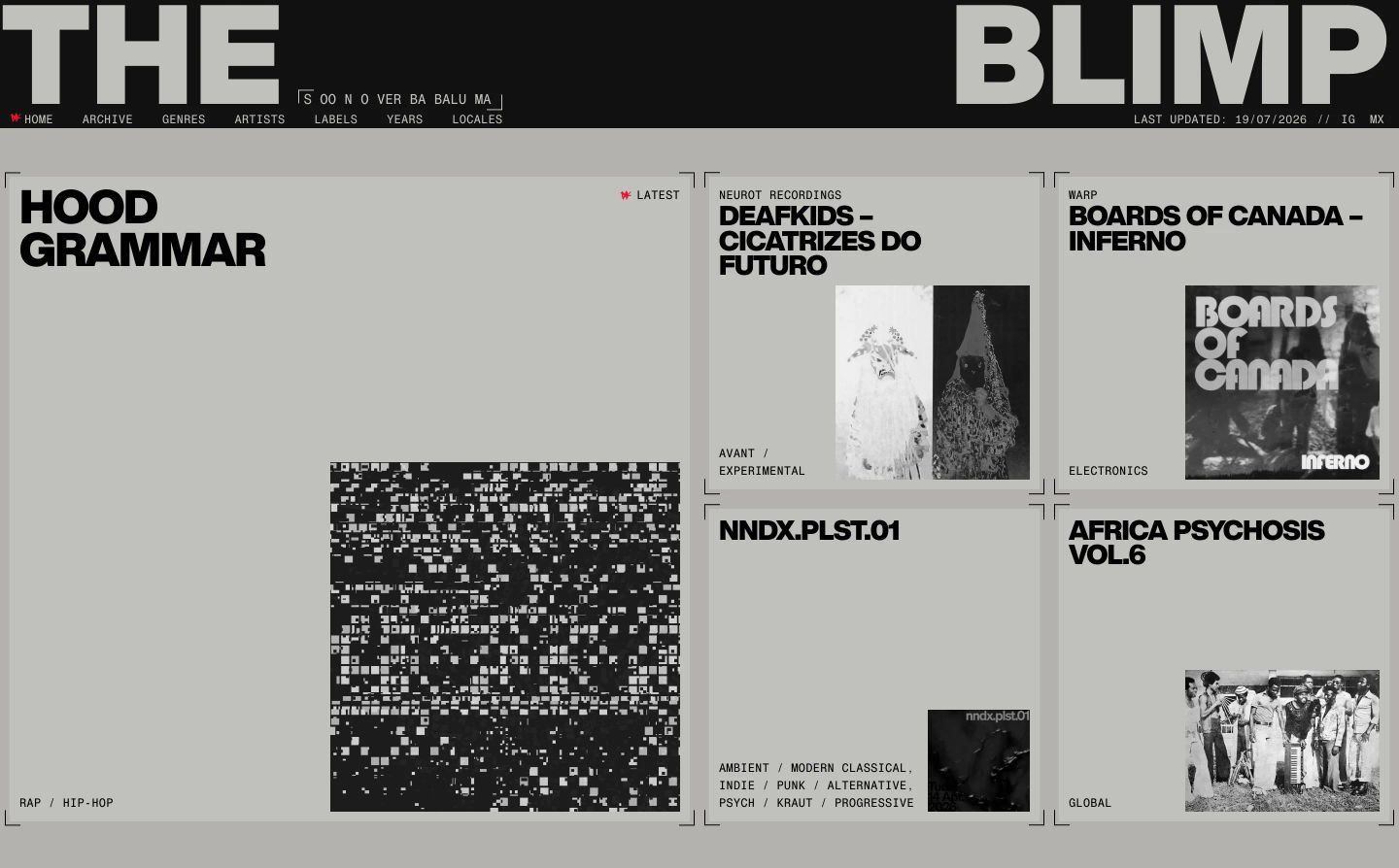 Raw industrial underground music archive hero with technical crop marks, bold brutalist typography, and monochrome album artwork panels.