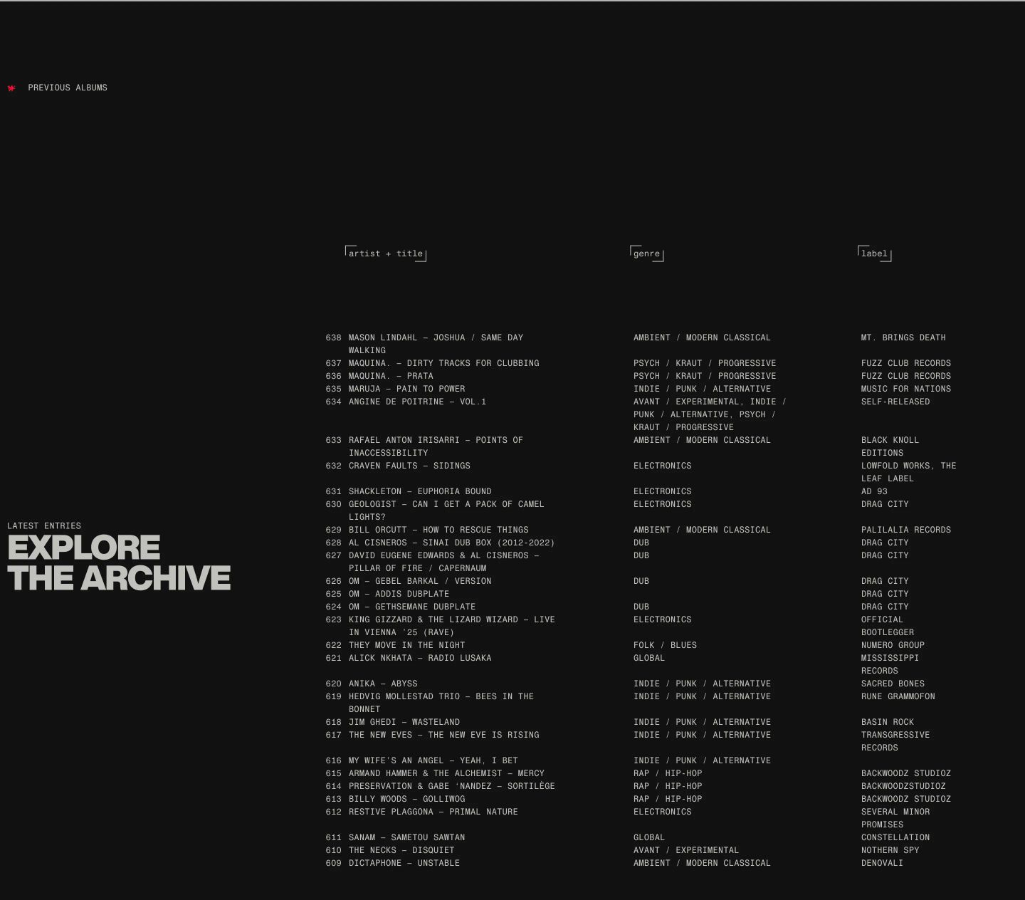 A stark, utilitarian dark-mode music archive cataloguing releases in a precise, terminal-like monospaced tabular index.