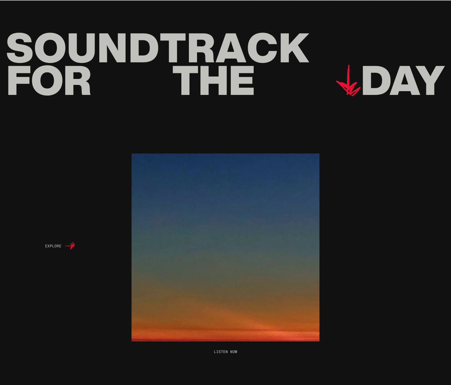 A stark dark editorial showcase framing a square sunset album artwork with heavy condensed lettering and raw hand-drawn accents.
