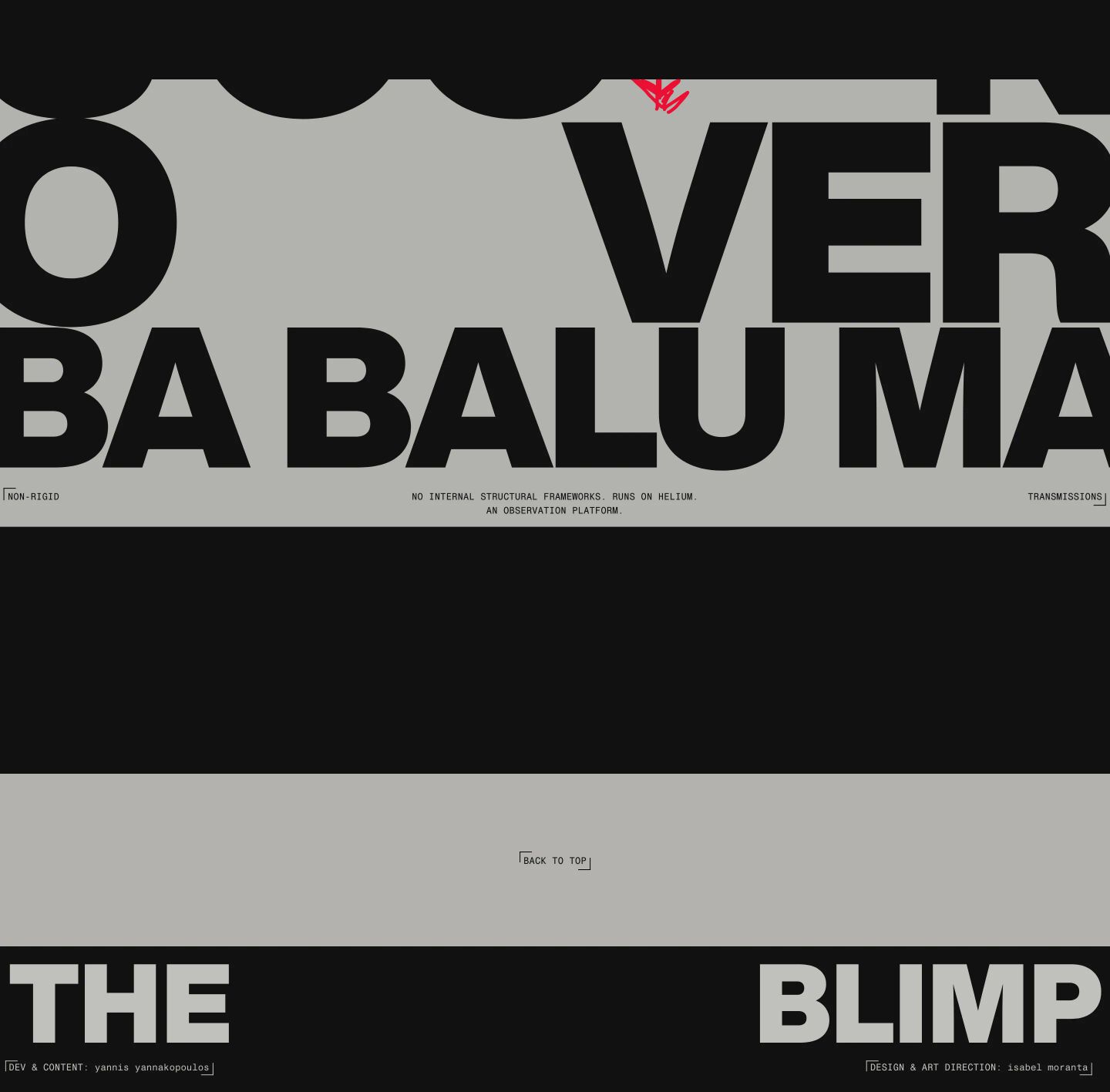 Stark brutalist footer utilizing alternating high-contrast horizontal stripes, oversized cropped grotesque type, and technical monospaced credit brackets.