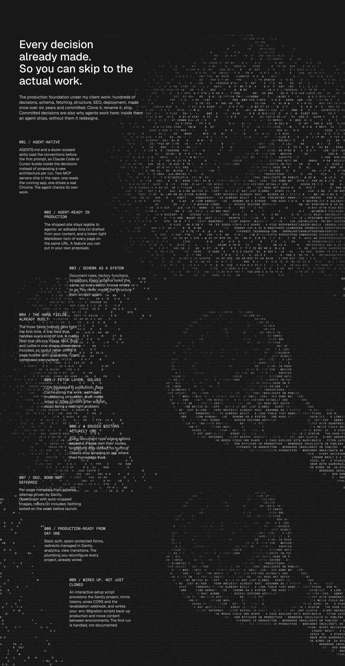 A stark, terminal-inspired dark feature list set against a dense field of ASCII glyphs and code fragments.