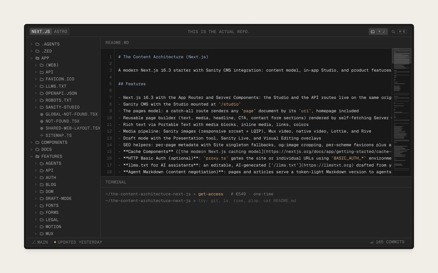 A dense, dark terminal and code editor window displaying project files and documentation with austere technical precision.