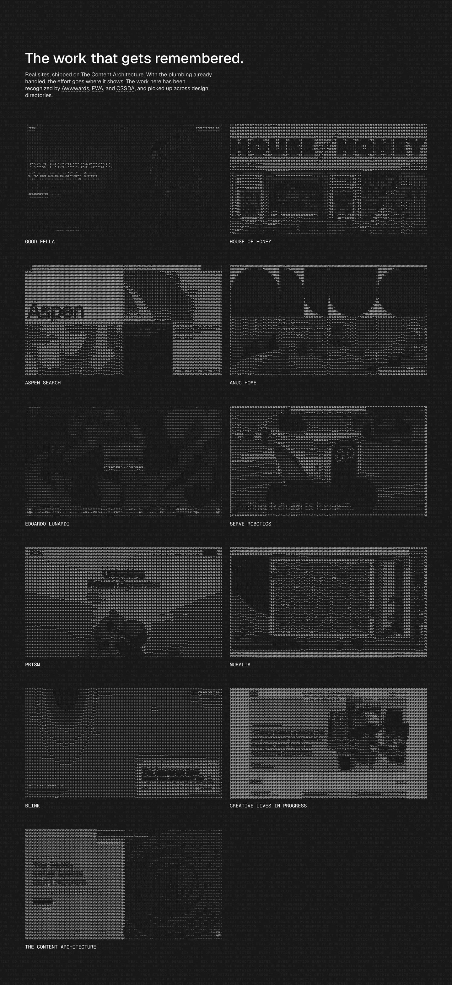 Stark terminal-style showcase rendering web projects through custom ASCII art across a disciplined two-column grid.