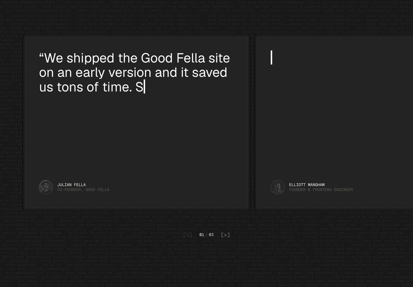 A dark, utilitarian terminal slider presenting client testimonials through an unpolished code-editor aesthetic.