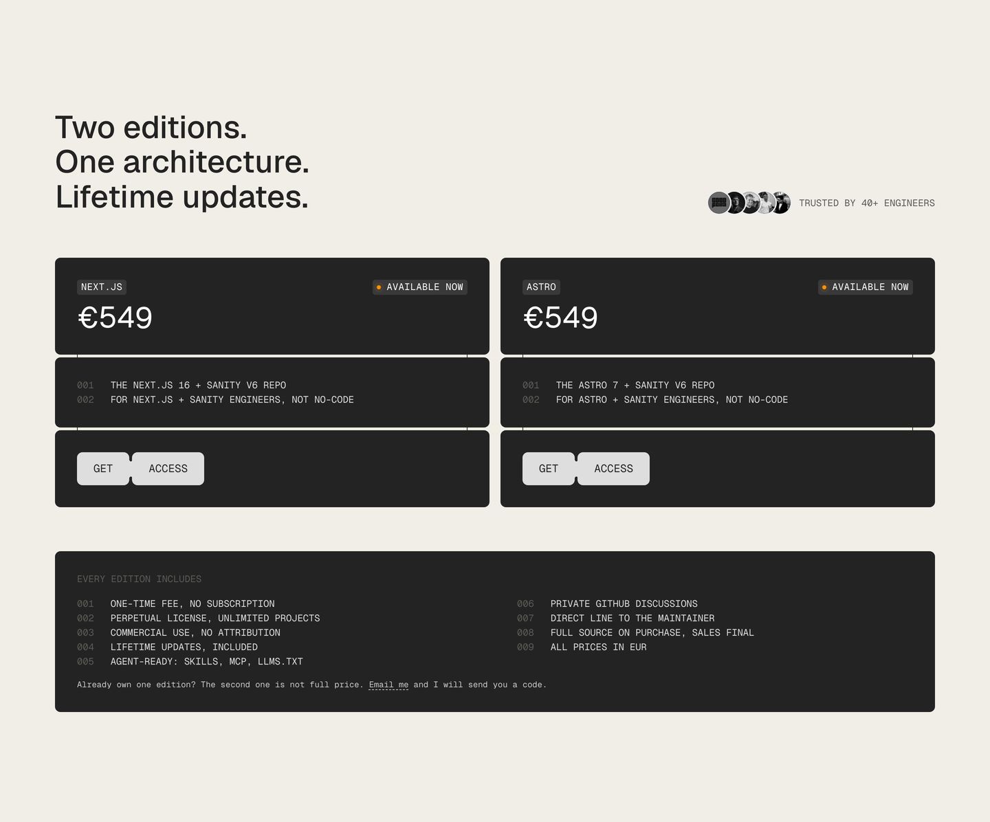 Precise developer pricing section pairing warm cream canvas with dark modular cards and numbered monospace specification rows.