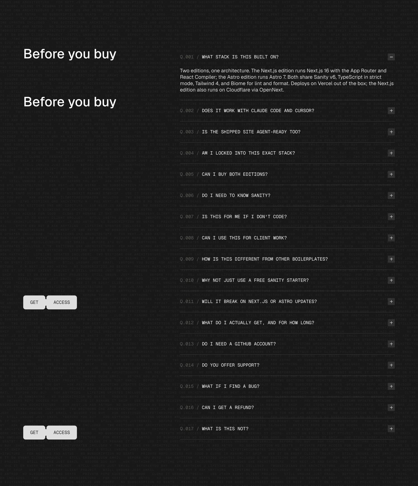 Dense, technical developer FAQ presented as a two-column layout with numbered monospace accordions over a subtle textured typographic background.