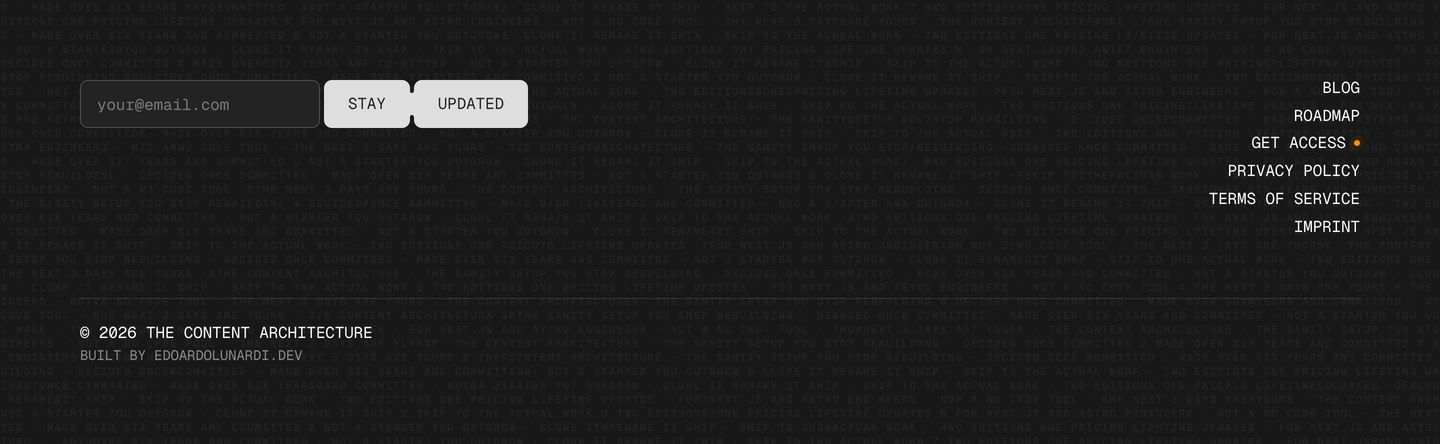 Dark utilitarian footer embedded over a dense monospace background matrix with split newsletter signup and vertical navigation.