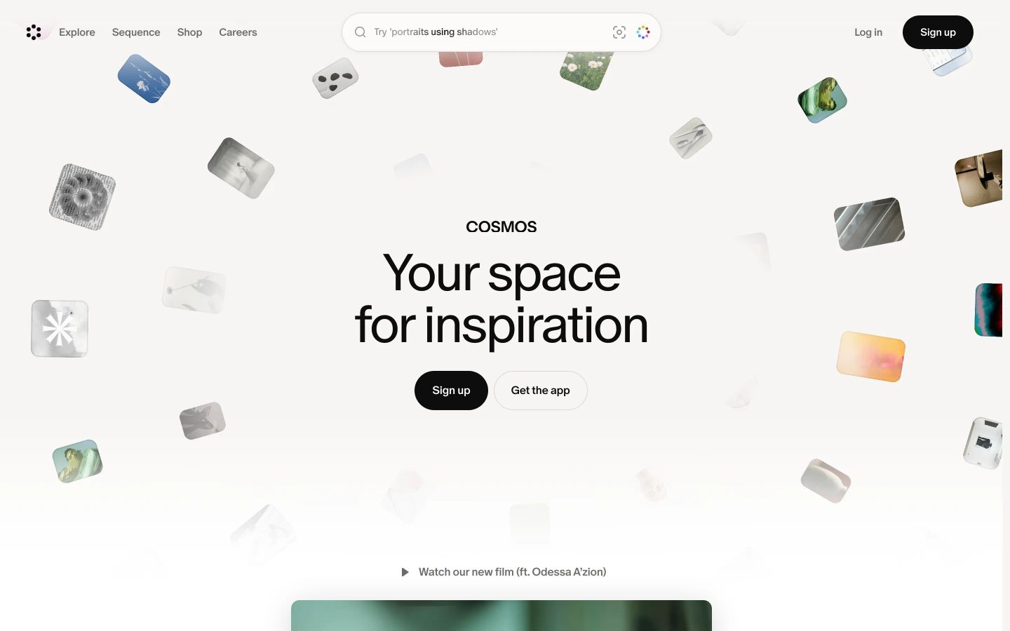 A tranquil, spacious canvas featuring floating curated media tiles radiating outwards from crisp, centered typography.