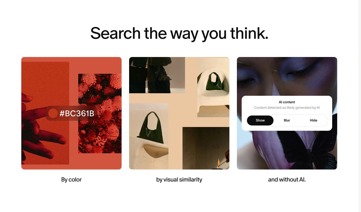 Crisp and serene feature grid demonstrating visual search modes through artful photographic compositions and clean UI chips.