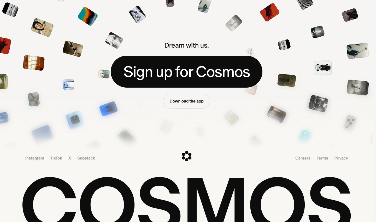 A weightless vortex of floating photographic memories converging around a bold pill call-to-action above a massive footer wordmark.