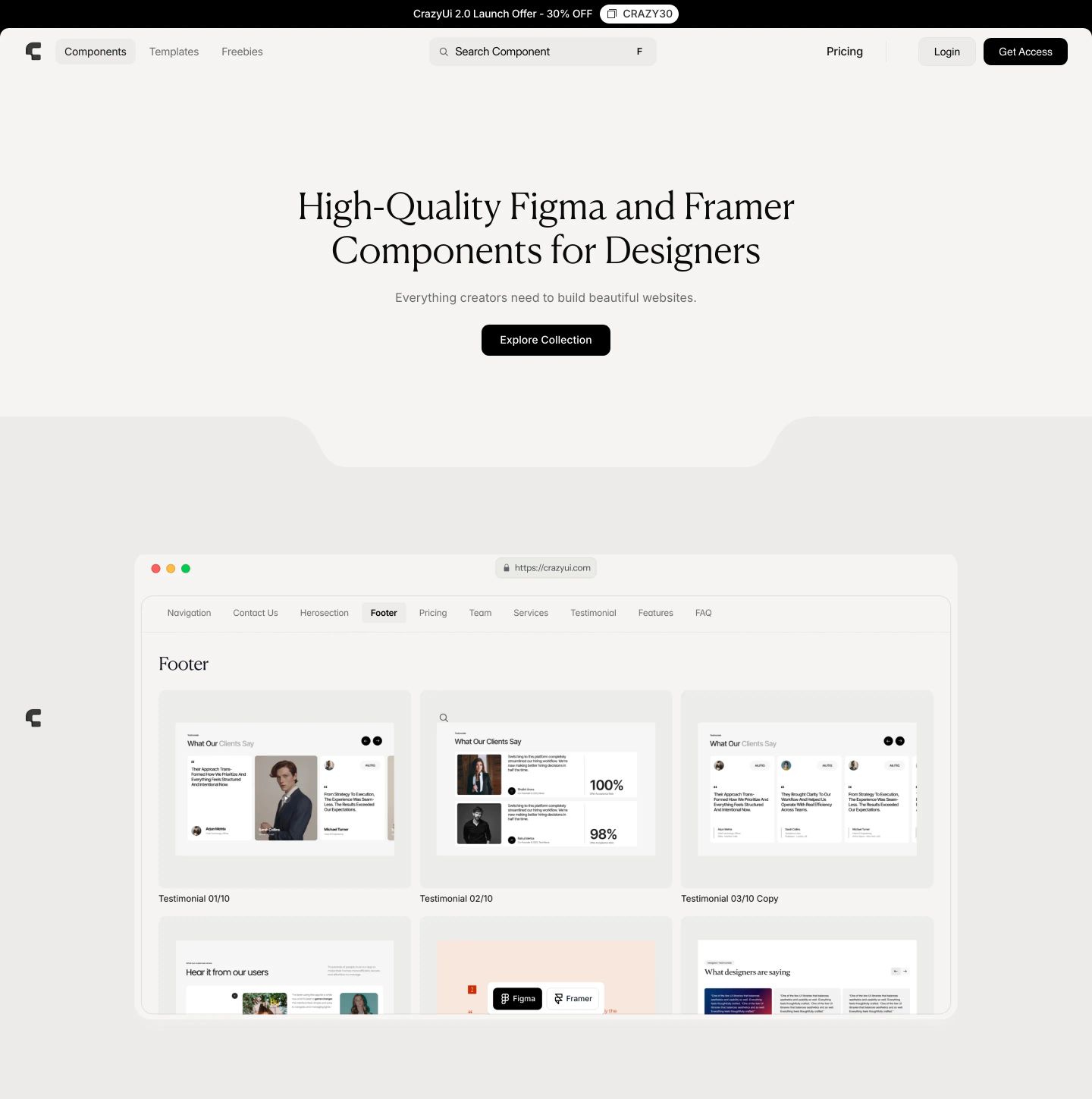 A calm, warm-toned design library hero anchored by an elegant serif headline and a soft-edged application mockup.