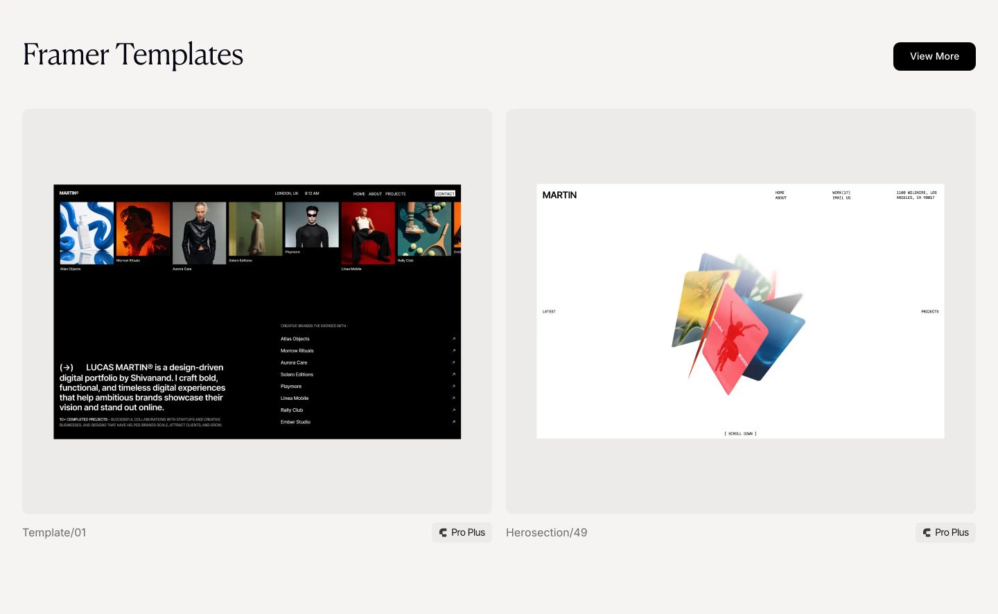 A refined, airy template showcase presenting web design previews within softly rounded cards against a warm light backdrop.