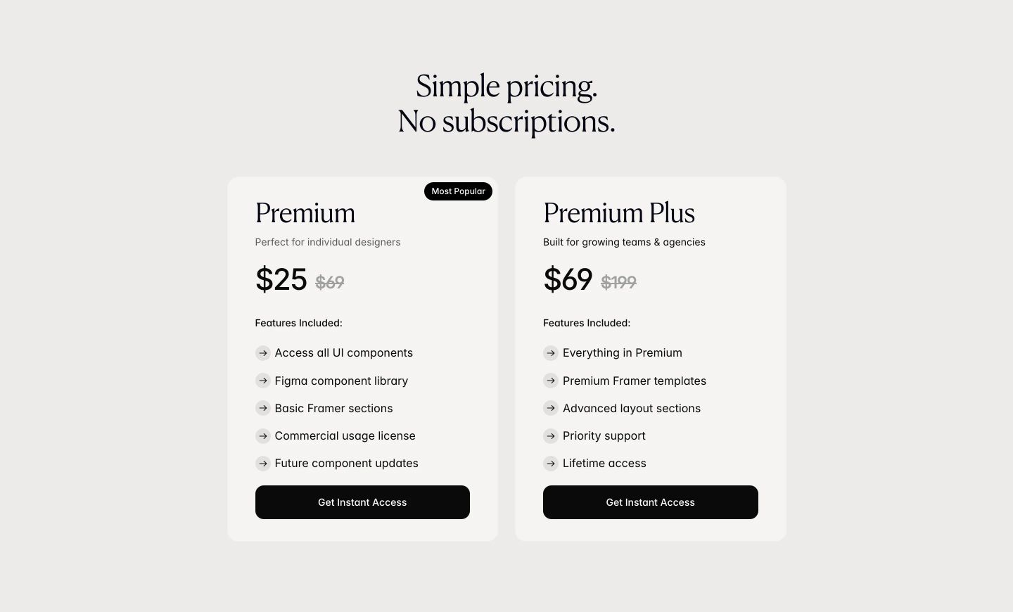 Quiet, restrained two-tier pricing cards in warm cream with refined serif typography.