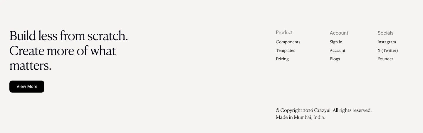 Quiet, spacious editorial footer balancing a literary serif headline and pill button with cleanly spaced navigation columns.
