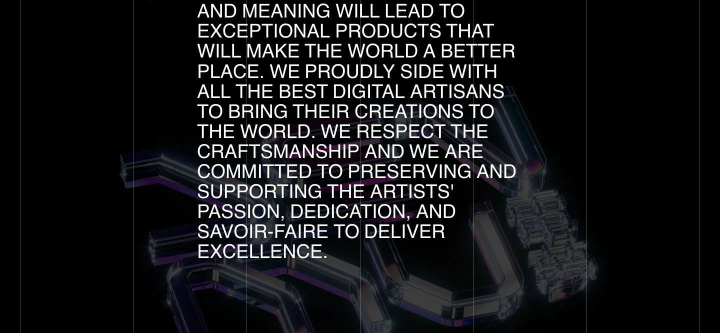 Monochrome manifesto statement overlaid on a refractive glass 3D render against a deep black grid.