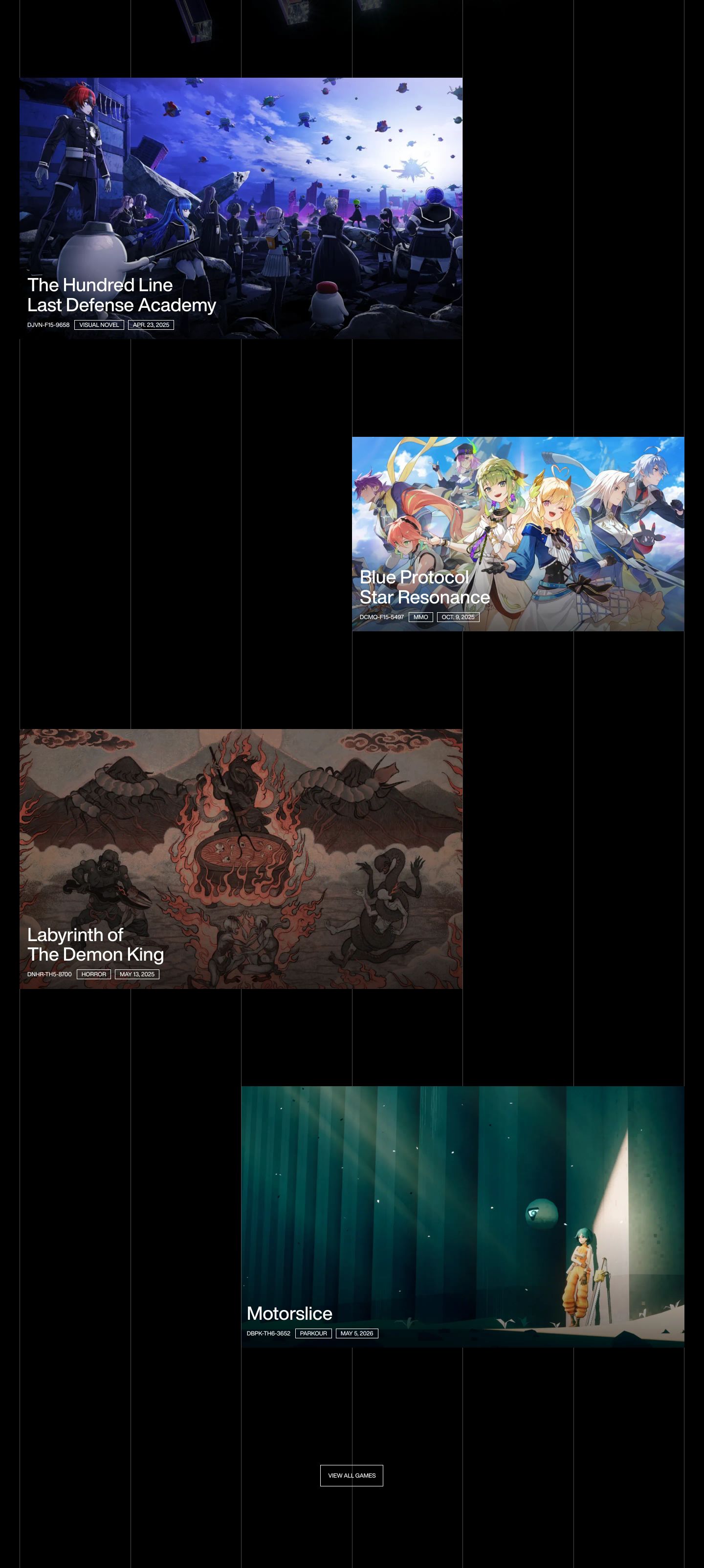 A stark, black gaming portfolio staggered across subtle grid guidelines with vivid cinematic artwork cards and technical metadata tags.