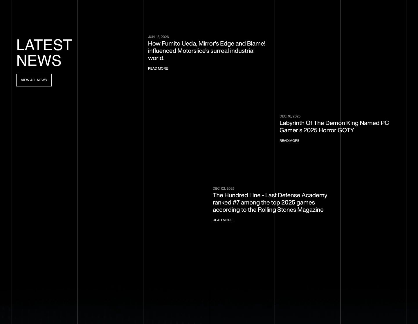 Stark monochrome news feed structured across razor-thin vertical column guides with staggered editorial entries.