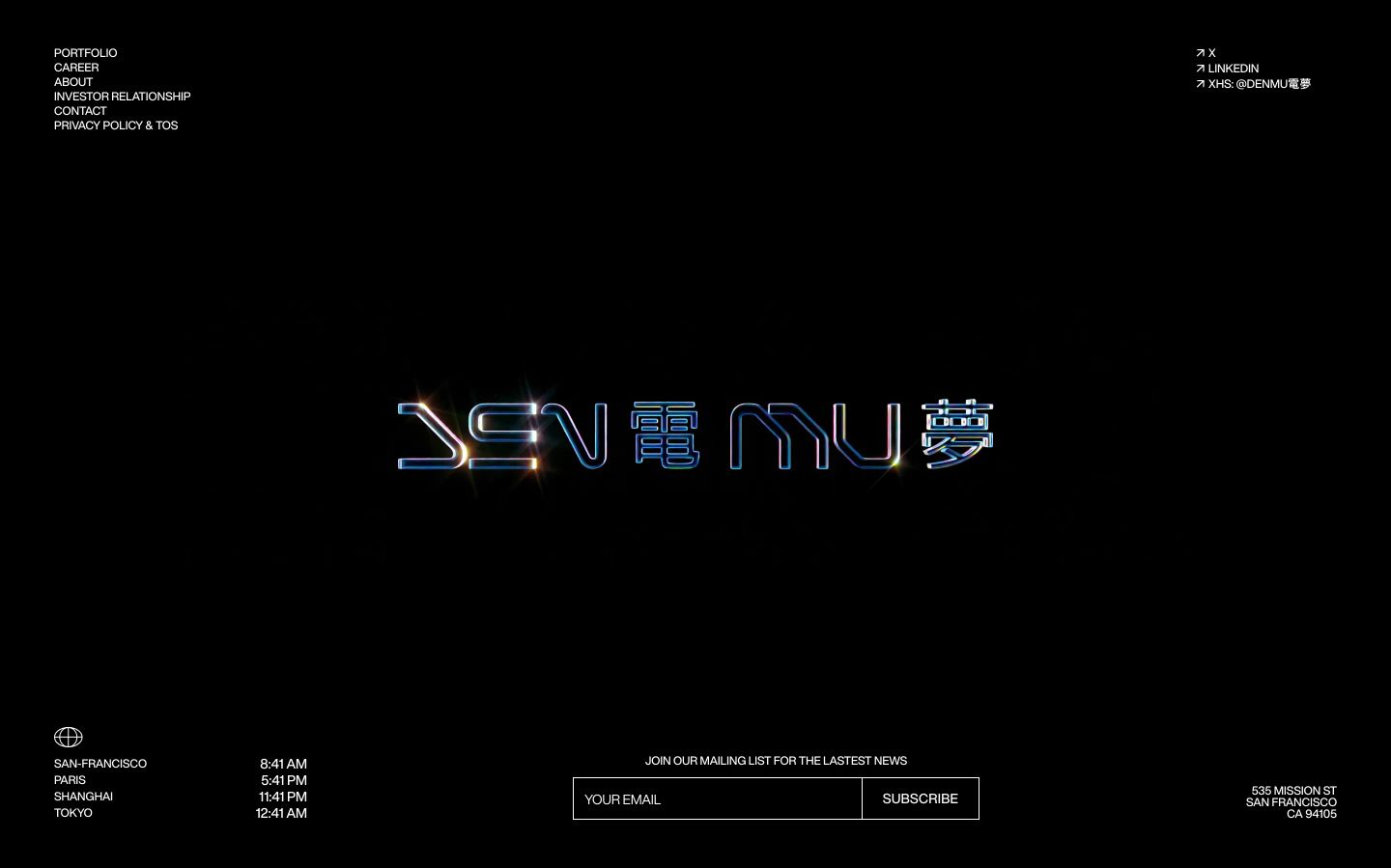 A stark, void-like black footer anchored by a glowing chrome logotype surrounded by precise uppercase typography and world clocks.