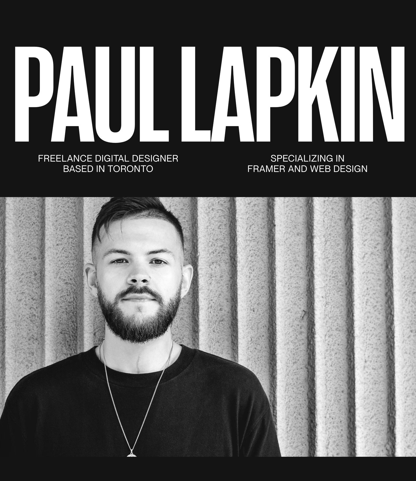 Monochrome portfolio hero pairing massive condensed typography with a high-contrast black-and-white portrait.