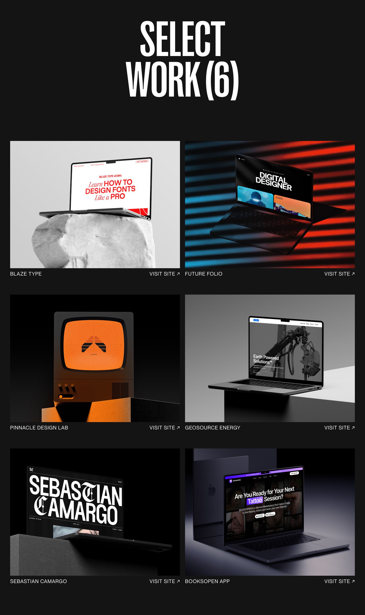 Monumental condensed uppercase typography anchors a dark, high-contrast portfolio showcase of web design projects presented in custom 3D studio mockups.