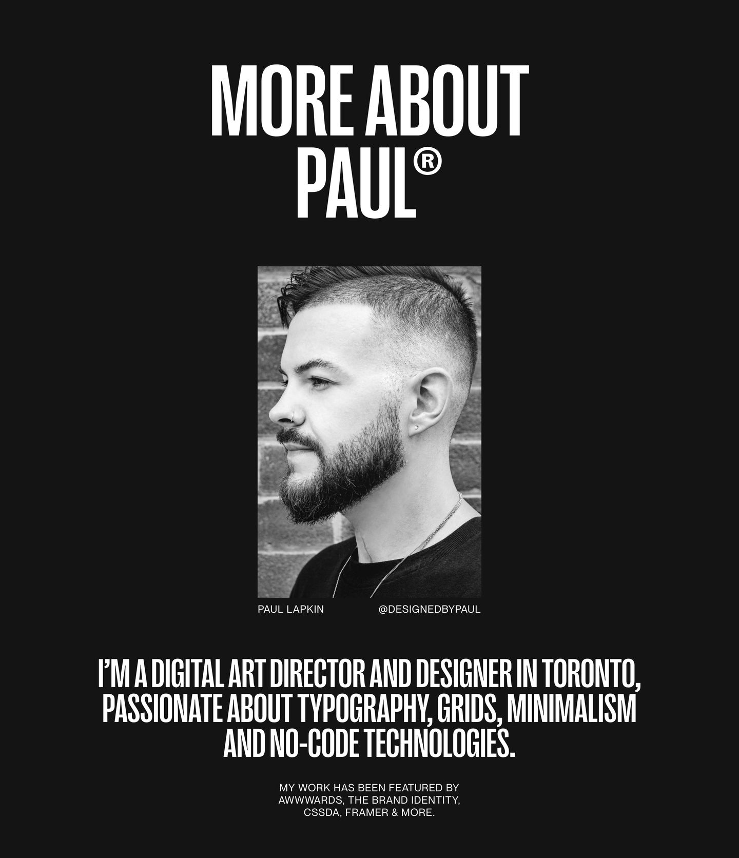 Monochrome personal introduction pairing high-contrast condensed uppercase typography with a centered black-and-white portrait.