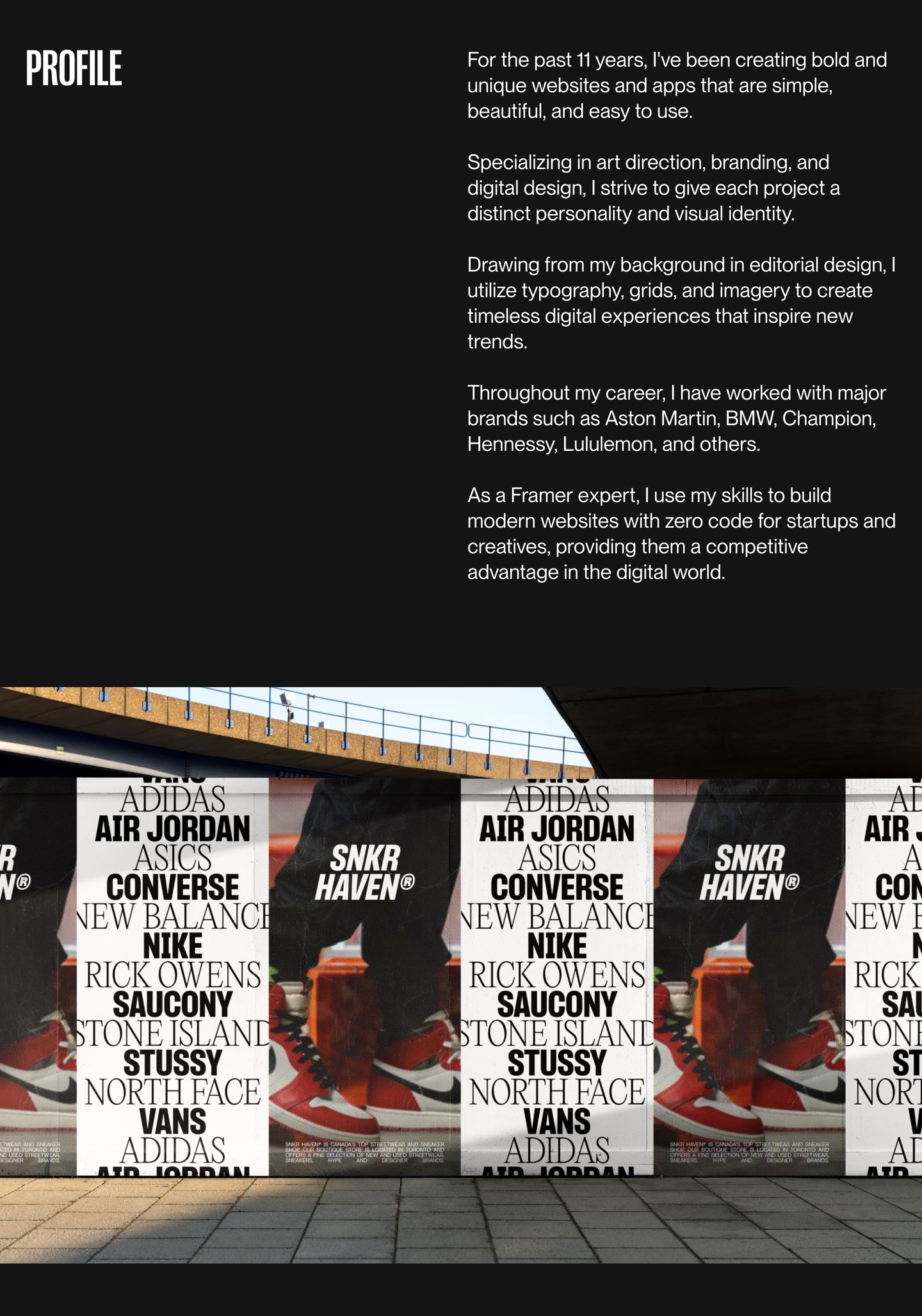 A stark, dark editorial bio pairing generous negative space and crisp typography with an urban billboard mockup.
