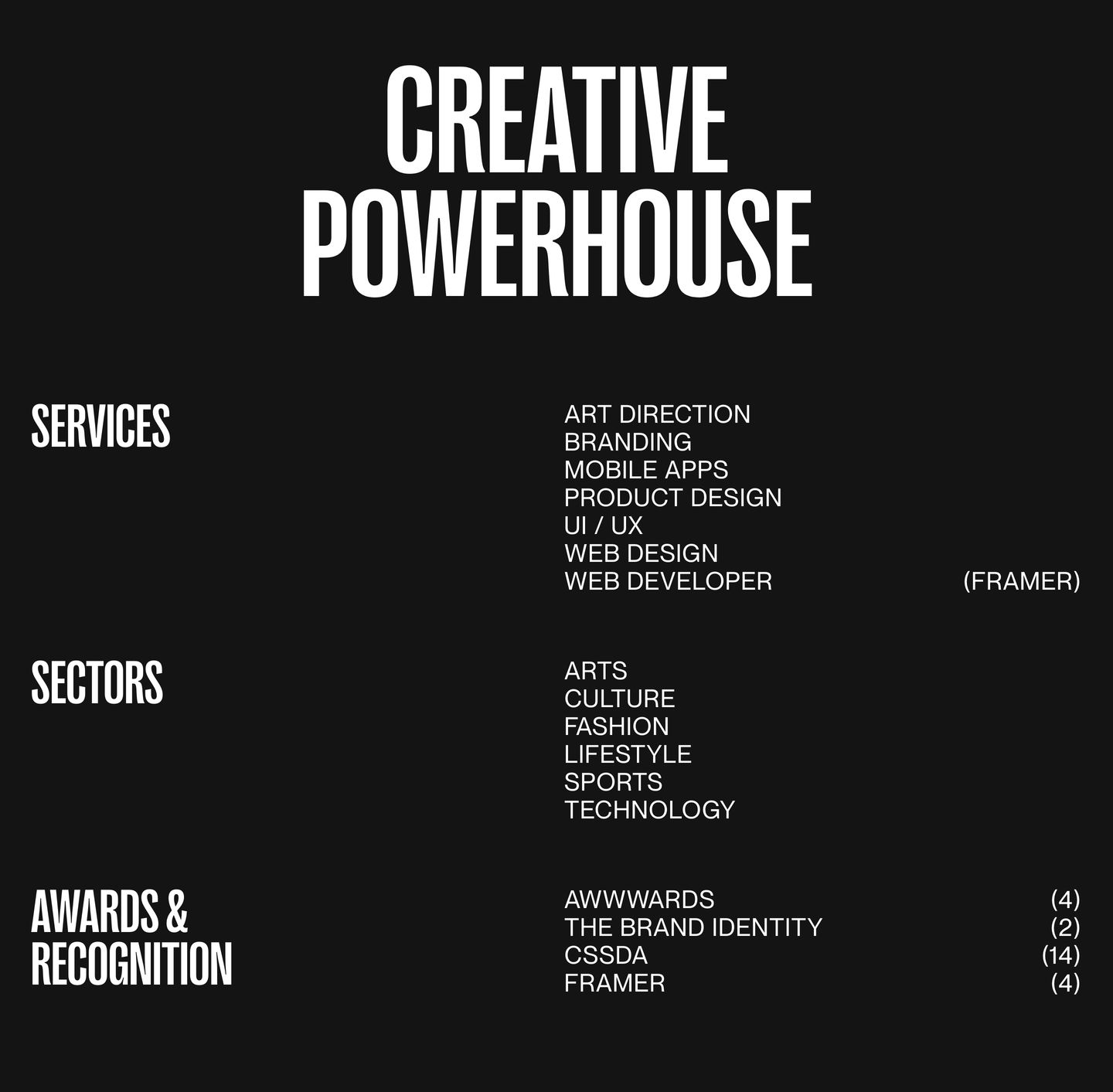 Severe dark typography-only credentials and capabilities grid built with stark high-contrast uppercase lettering.