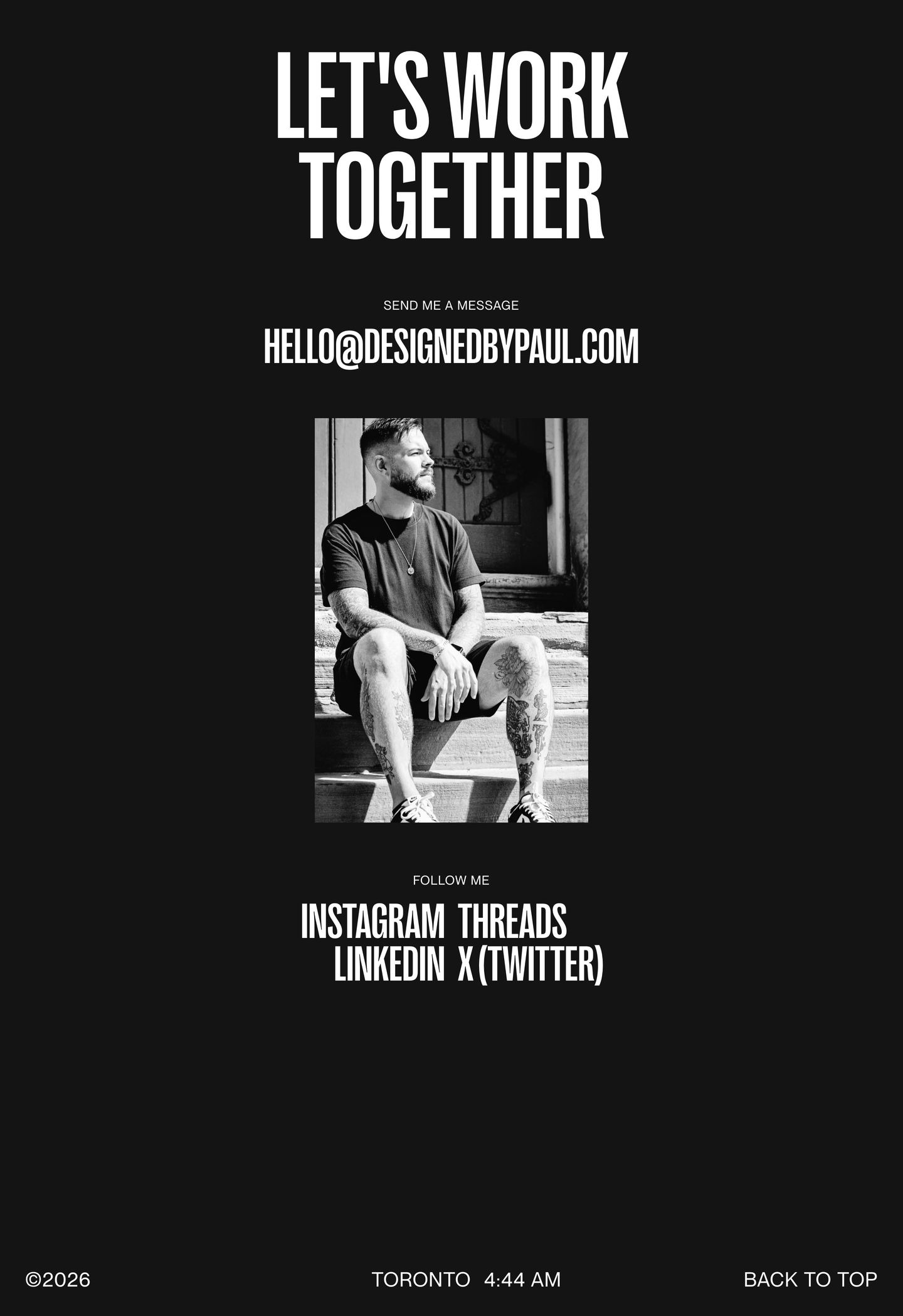 A stark, high-contrast monochrome contact section anchored by a gritty documentary portrait and bold condensed typography.