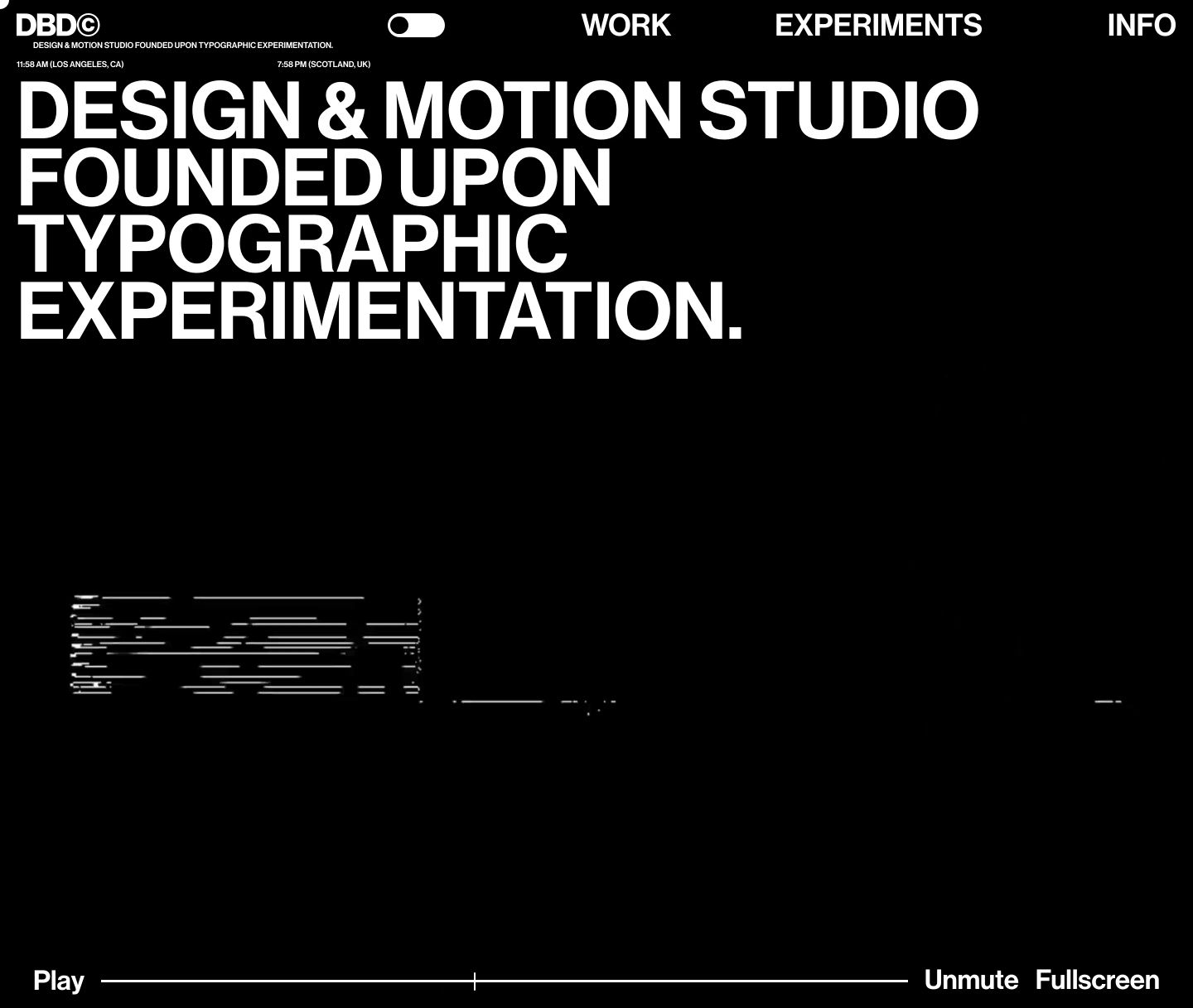 Monochrome, stark typographic hero with huge bold lettering and an austere dark video player aesthetic.