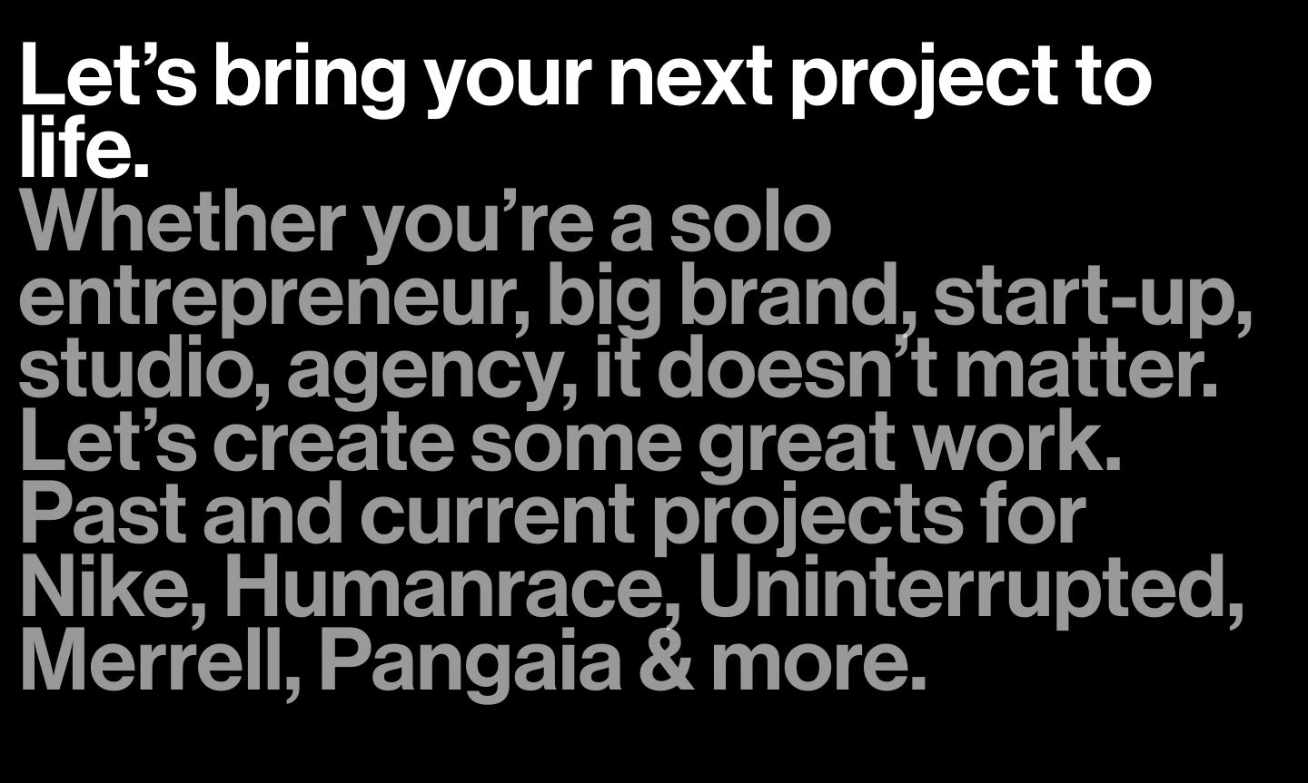 Oversized, crisp grotesque typography dominates a pitch-black canvas in an uncompromising declaration of collaborative intent.