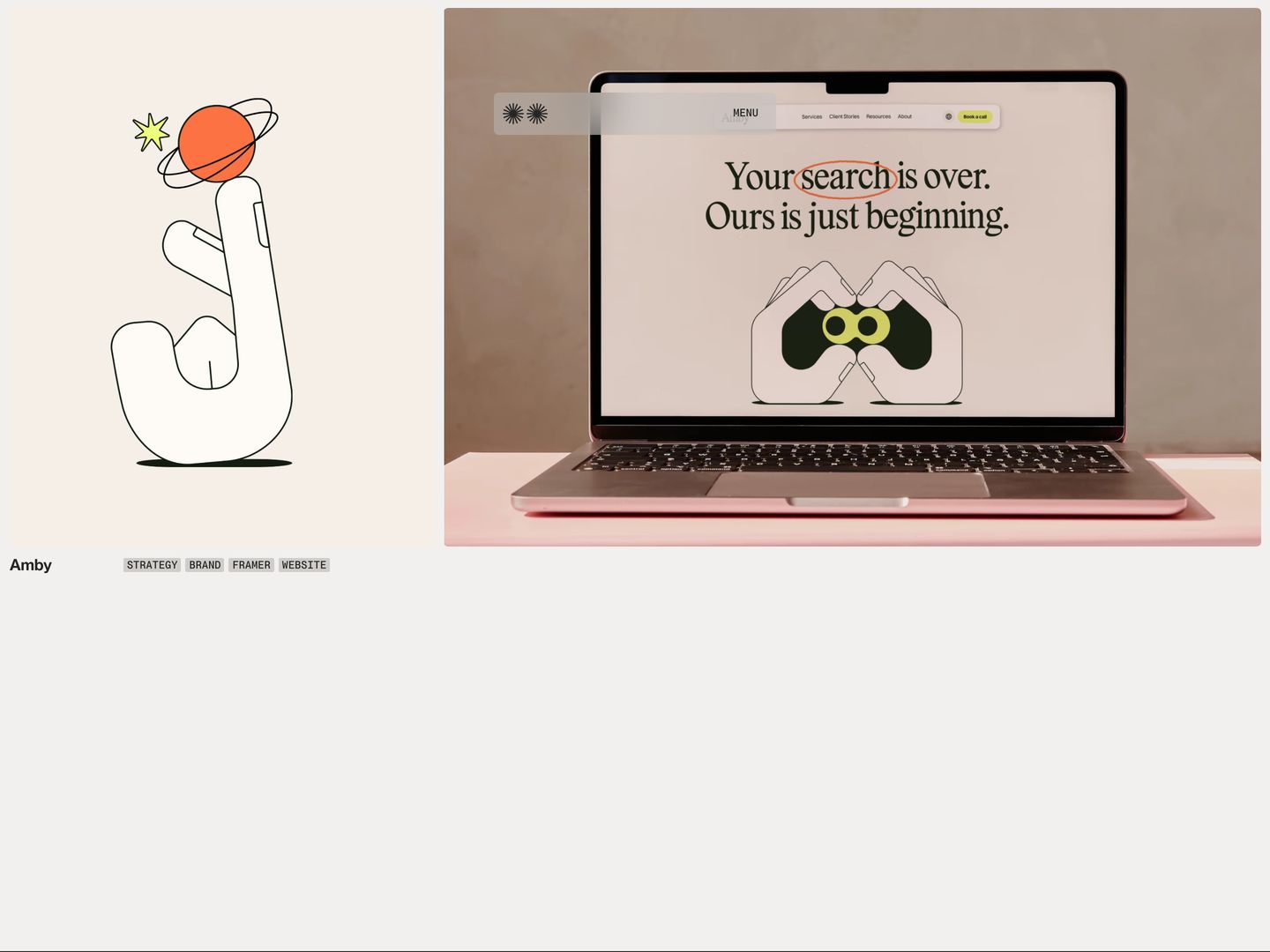 A warm, playful agency case study presentation combining charming line-drawn vector illustration with a crisp laptop device mockup against a soft neutral backdrop.