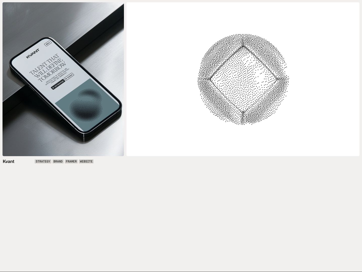 A restrained portfolio showcase pairing a smartphone mockup on dark brushed metal with an intricate stippled geometric sphere on an off-white canvas.