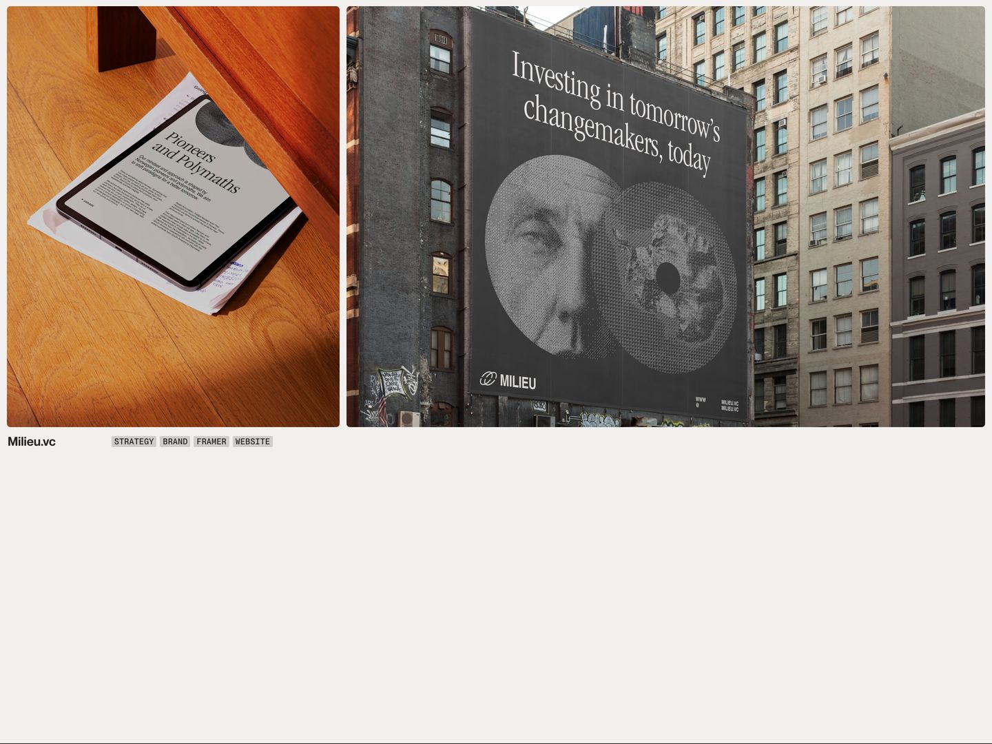 Urban billboard and tabletop mockups present a refined venture capital identity with understated editorial restraint.