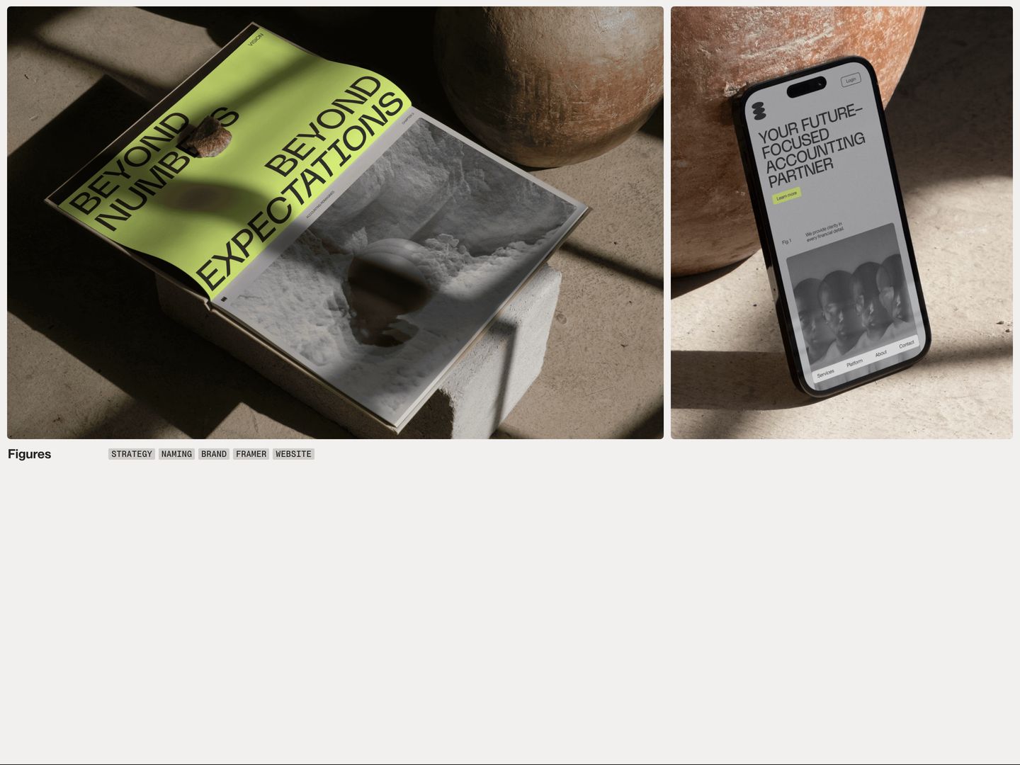 An understated portfolio showcase pairing tactile still-life brand photography with minimal taxonomy tags over expansive calm whitespace.