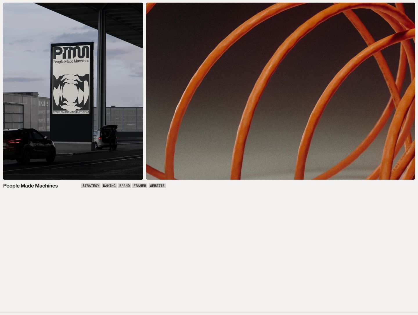 A stark, restrained portfolio showcase pairing documentary-style branding photography with industrial close-ups against generous neutral whitespace.