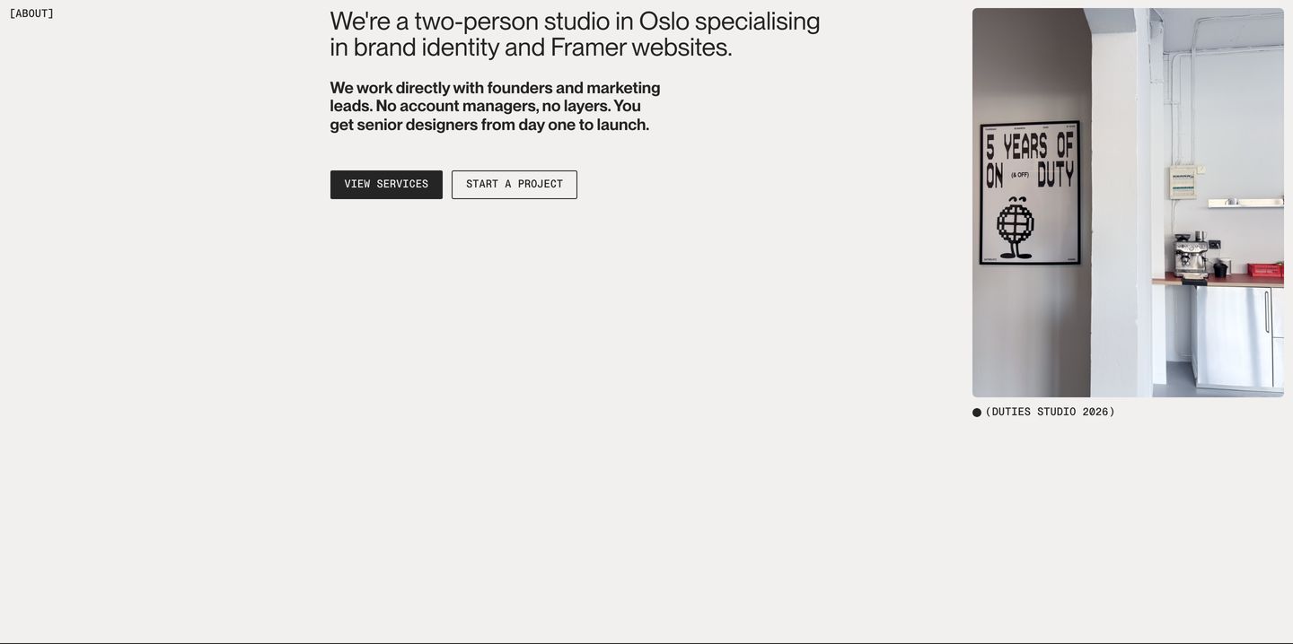 An airy, minimalist studio introduction pairing clean Swiss typography and sharp rectangular action buttons with quiet documentary photography.