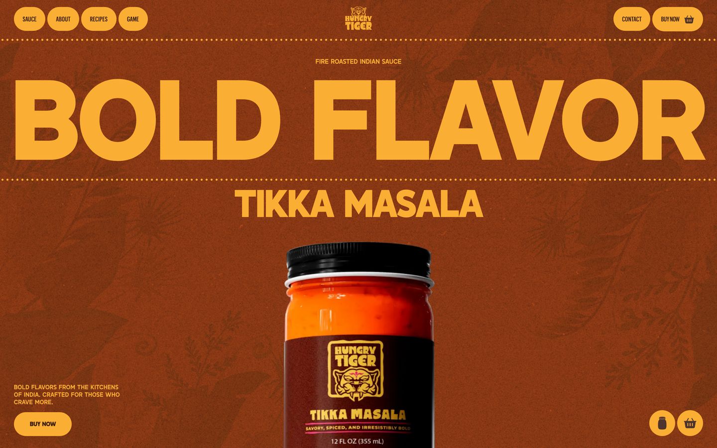 Earthy rust and warm mustard tones framing bold oversized typography and a centered product jar with retro-inspired pill navigation.