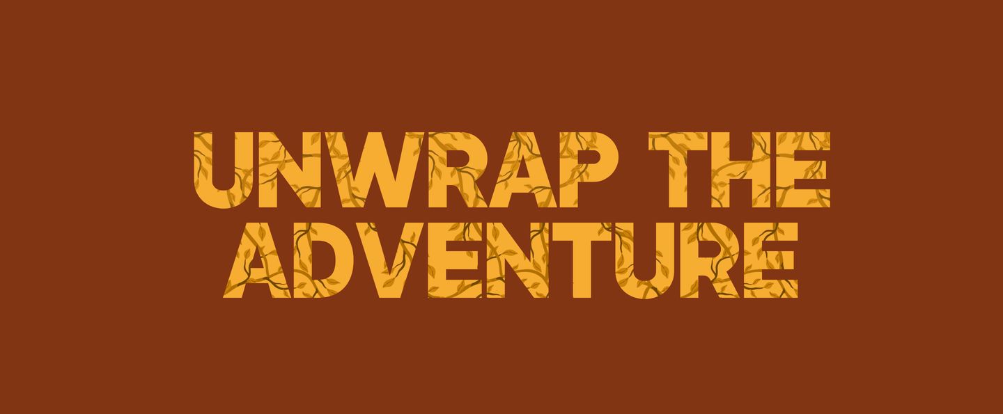 Warm, earthy typographic banner featuring chunky uppercase text filled with an organic botanical pattern set against a rich rust-brown background.