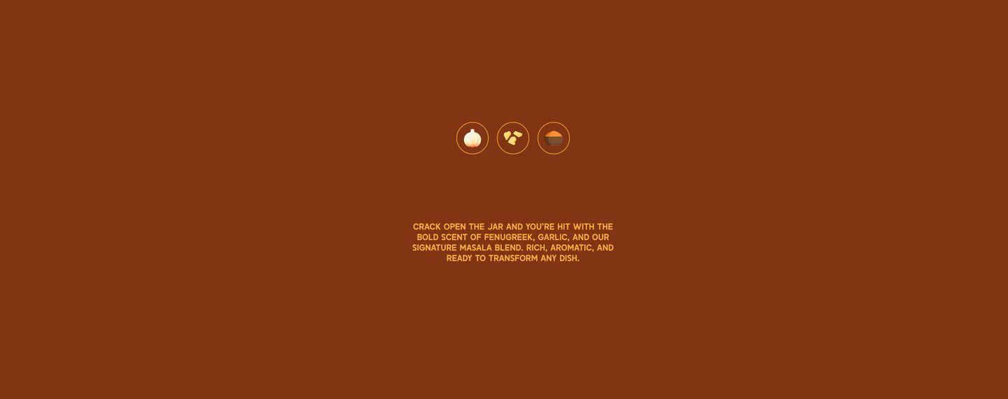A warm terracotta statement band centering three minimalist ingredient icons above an evocative sensory description.