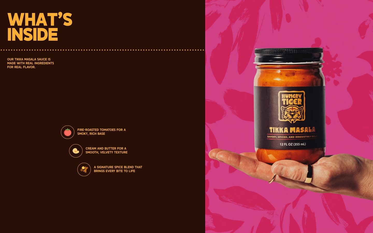 Bold, punchy split section pairing a dark ingredient breakdown with a vibrant pink product photograph held in hand.