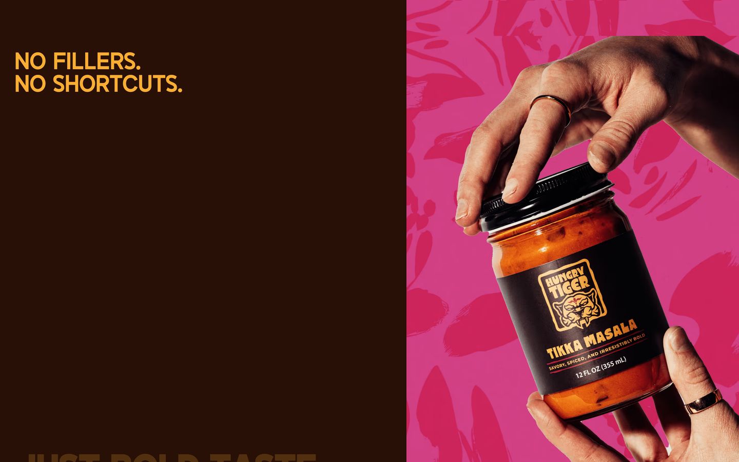 Bold culinary statement pairing punchy uppercase typography with hands-on product photography against vibrant magenta graphics.