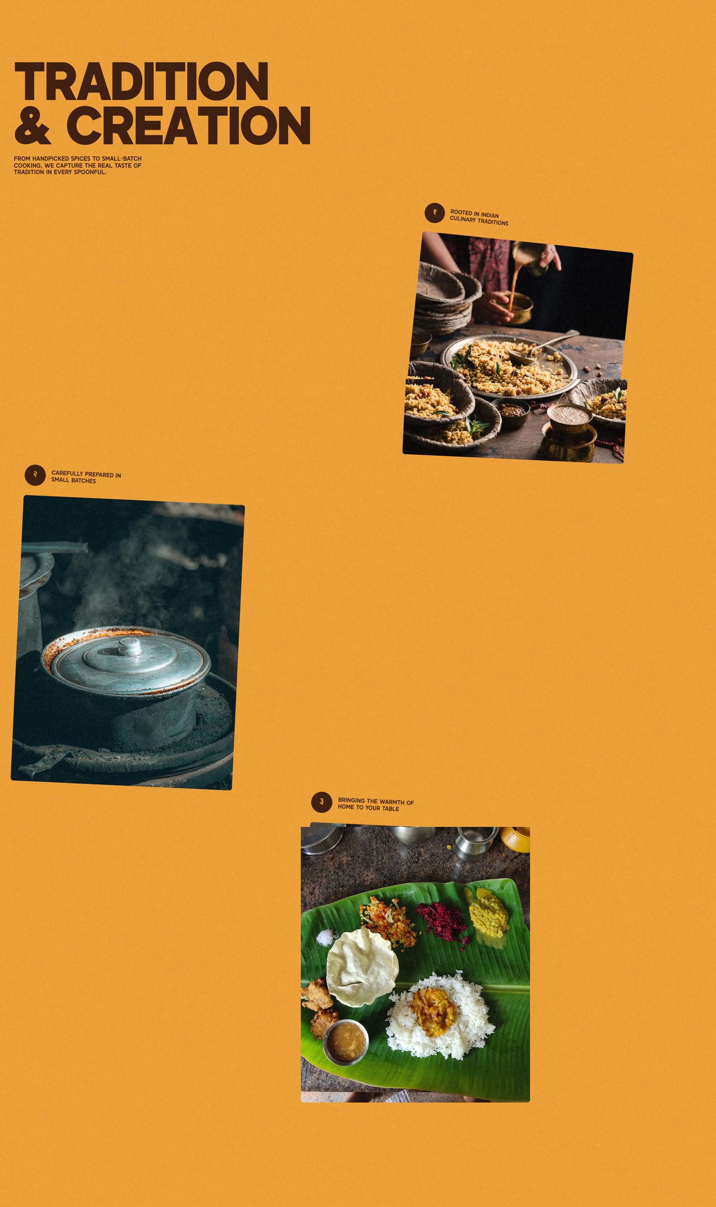 Rich golden yellow canvas with staggered documentary culinary photographs and bold uppercase typography.