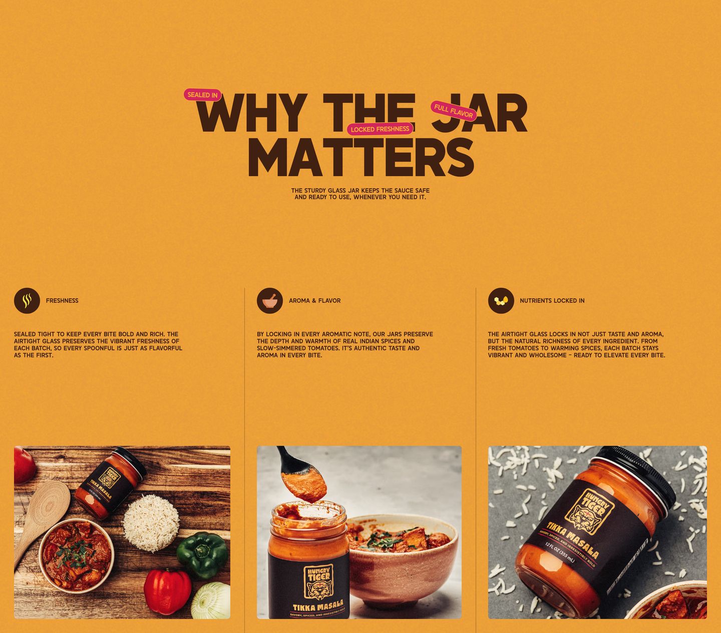 Warm spice-toned three-column feature section highlighting product packaging with playful badge overlays and rich culinary photography.