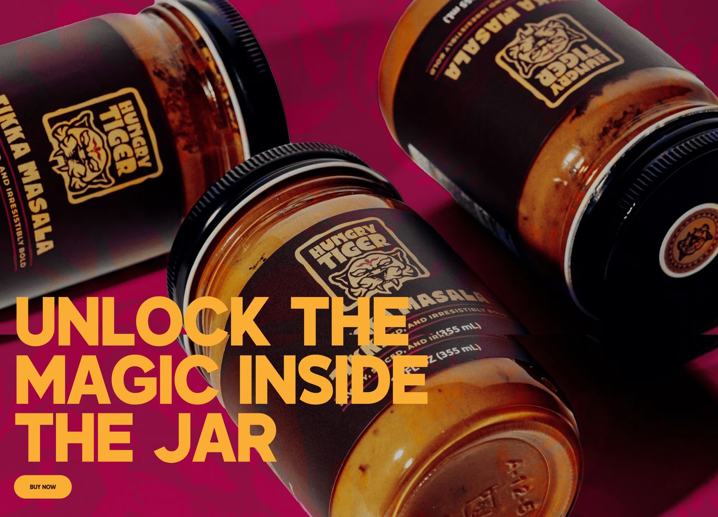 Punchy food branding section with bold golden typography slicing across floating sauce jars over a rich backdrop.