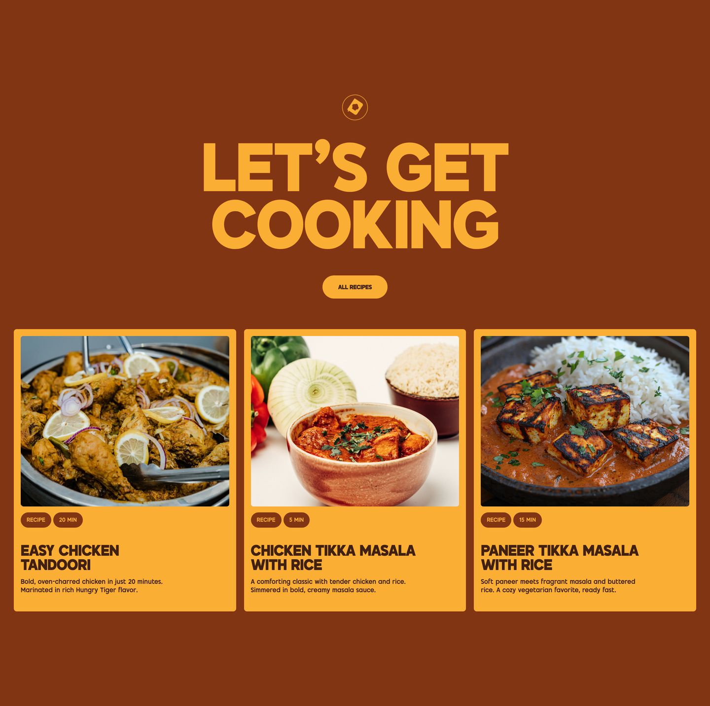 Rich spice-toned recipe showcase featuring bold blocky typography and appetizing culinary photography cards.