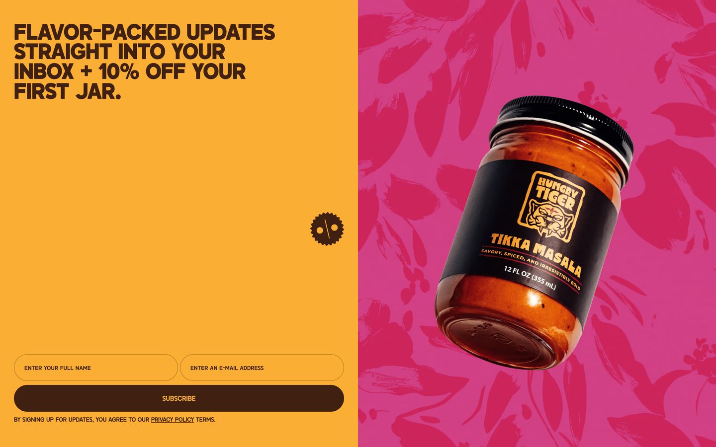 Vibrant and punchy split newsletter sign-up pairing bold typography against a floating sauce jar over bright magenta and marigold blocks.