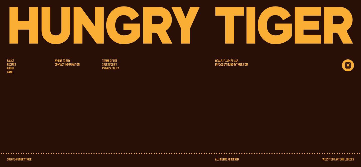 Monumental amber and chocolate branding commands a vast, confident footer with miniature utilitarian navigation.