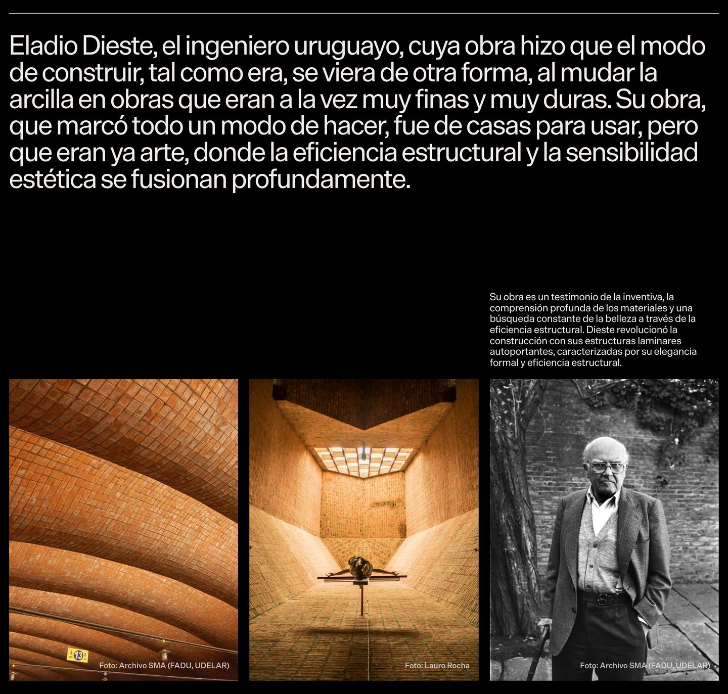 A stark architectural tribute combining tight, massive editorial sans-serif text with a grounded triptych of vaulted brick masonry and portraiture.