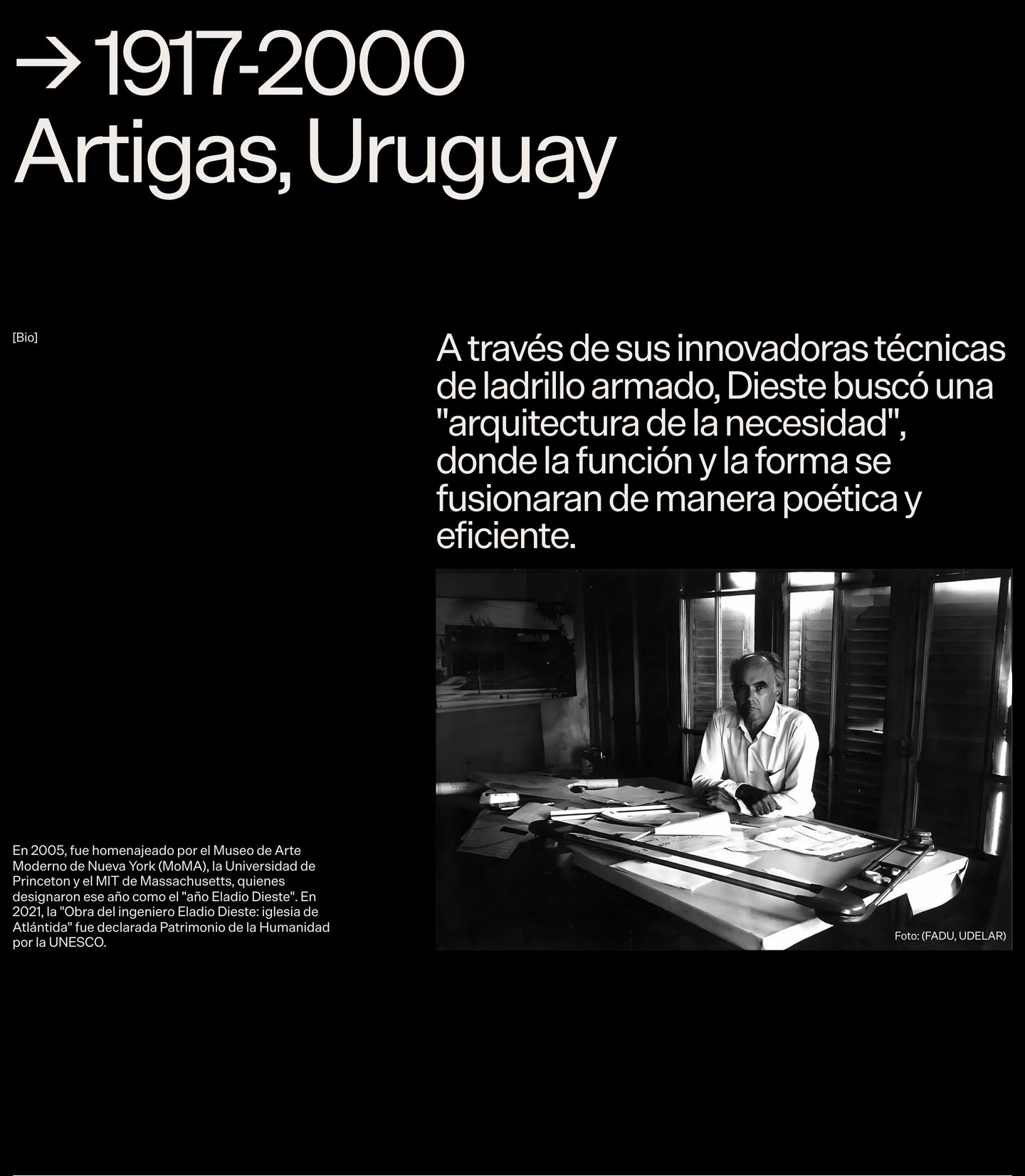 Monochrome editorial archival layout pairing bold typography with a historical portrait of the architect at work.