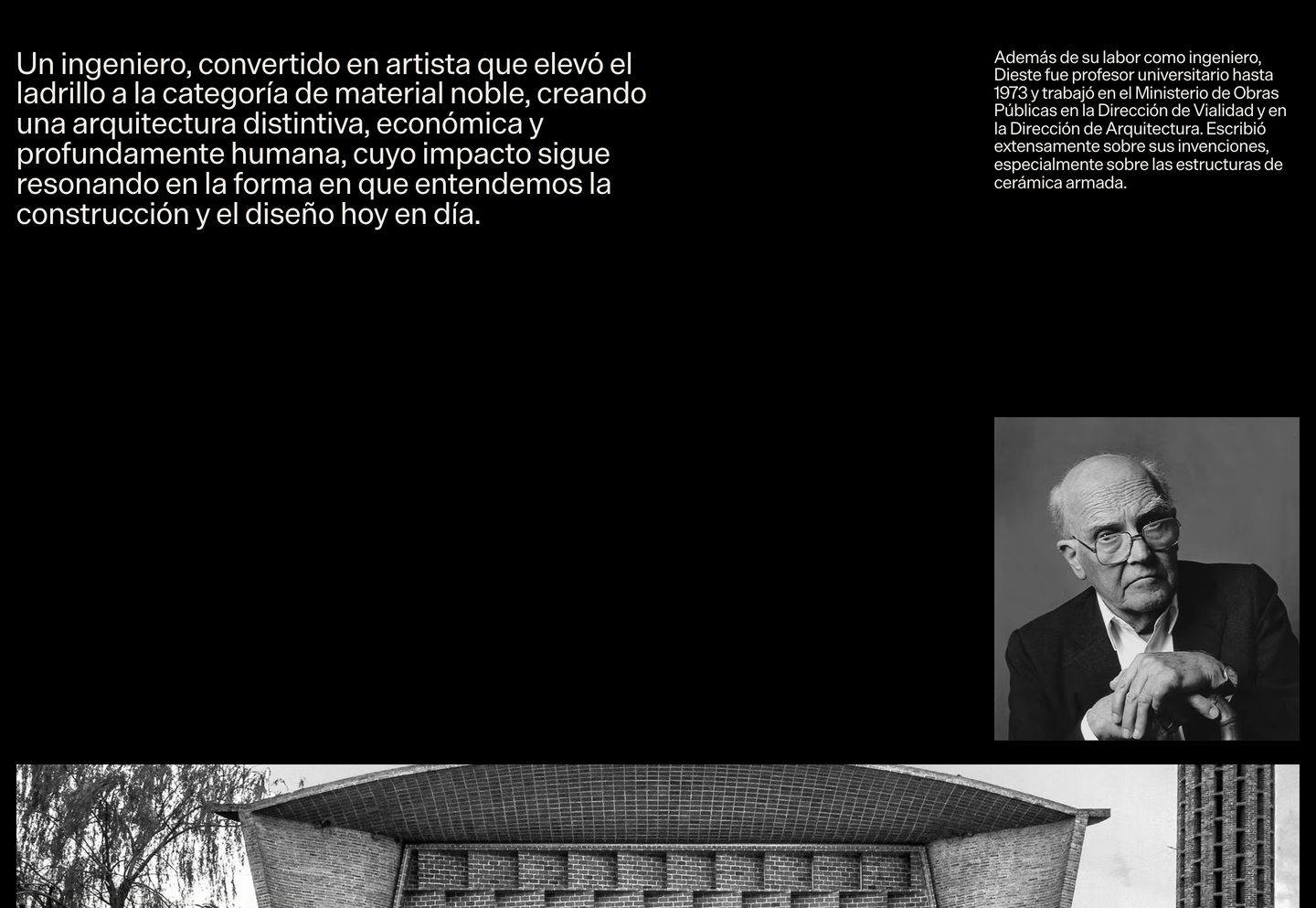 Severe black-and-white editorial spread with asymmetric typographic blocks and a contemplative monochrome portrait.